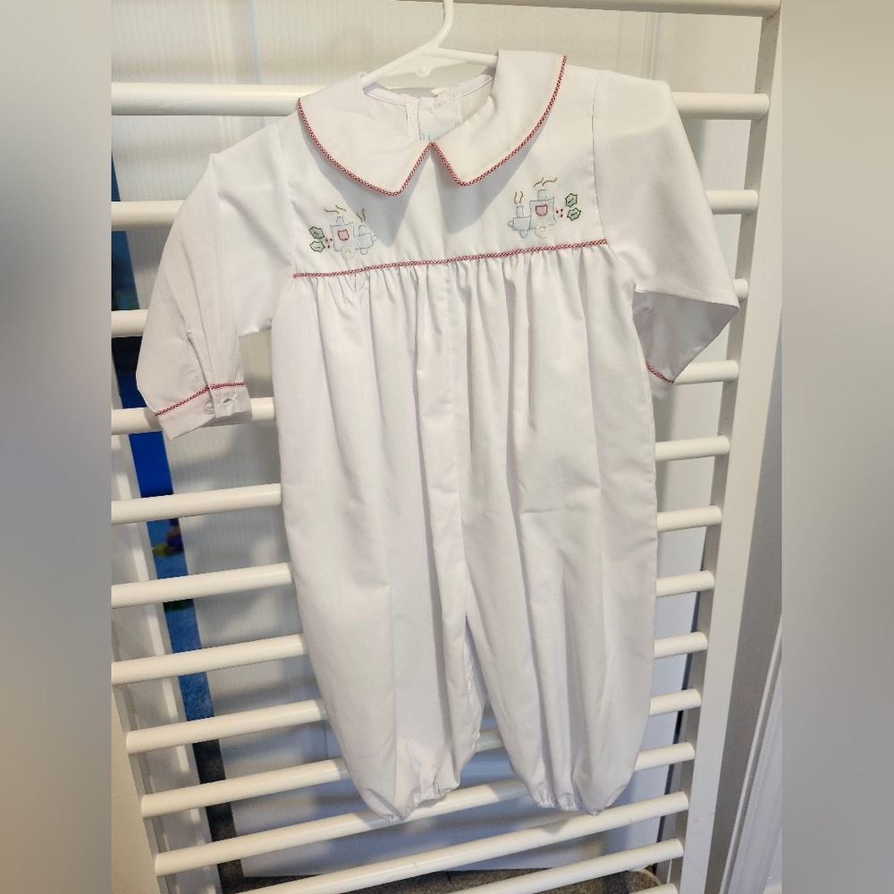 White Baby Romper with Train Embroidered Details